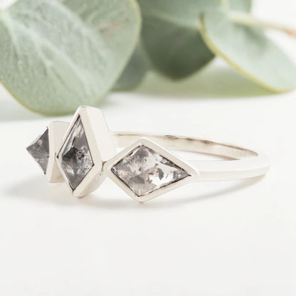 Salt and Pepper Kite Diamond Ring in White Gold Bezel