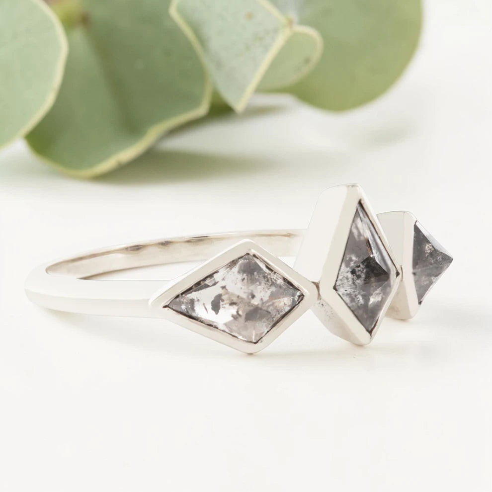 Salt and Pepper Kite Diamond Ring in White Gold Bezel