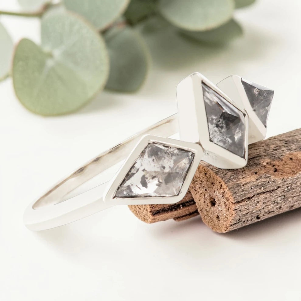 Salt and Pepper Kite Diamond Ring in White Gold Bezel
