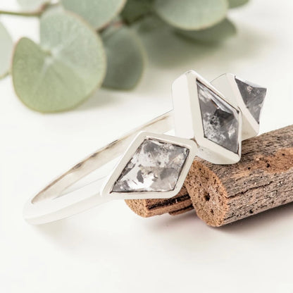 Salt and Pepper Kite Diamond Ring in White Gold Bezel