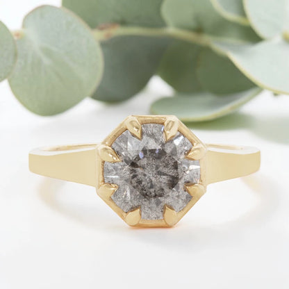 Octagon Cut Salt and Pepper Diamond Ring with Prong Set