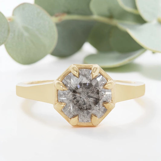 Smoky Salt & Pepper Diamond Ring, Octagon Cut Solitaire, Prong Set, Stormy Gray Diamond, Custom Handmade