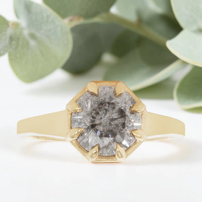 Octagon Cut Salt and Pepper Diamond Ring with Prong Set