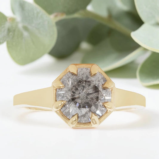 Octagon Cut Salt and Pepper Diamond Ring with Prong Set