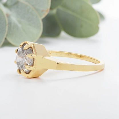 Octagon Cut Salt and Pepper Diamond Ring with Prong Set