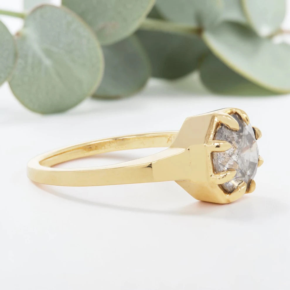 Octagon Cut Salt and Pepper Diamond Ring with Prong Set