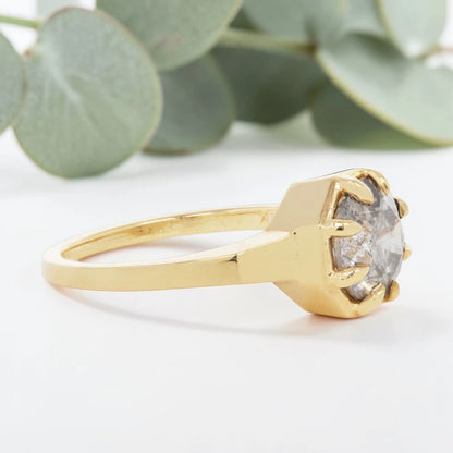 Octagon Cut Salt and Pepper Diamond Ring with Prong Set