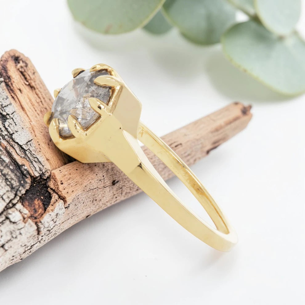 Octagon Cut Salt and Pepper Diamond Ring with Prong Set