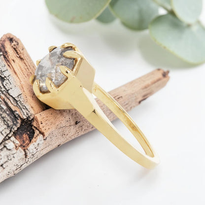 Octagon Cut Salt and Pepper Diamond Ring with Prong Set