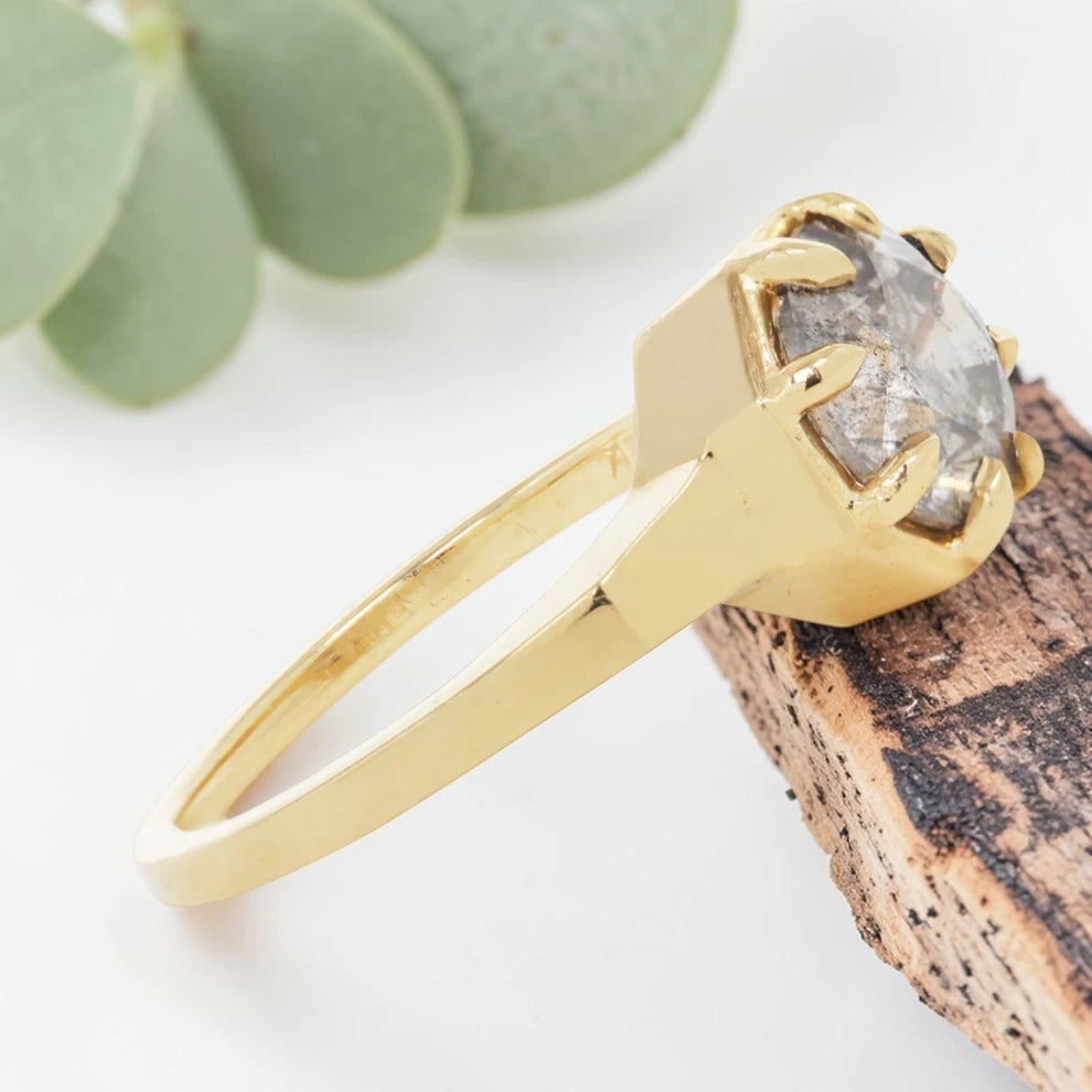 Octagon Cut Salt and Pepper Diamond Ring with Prong Set