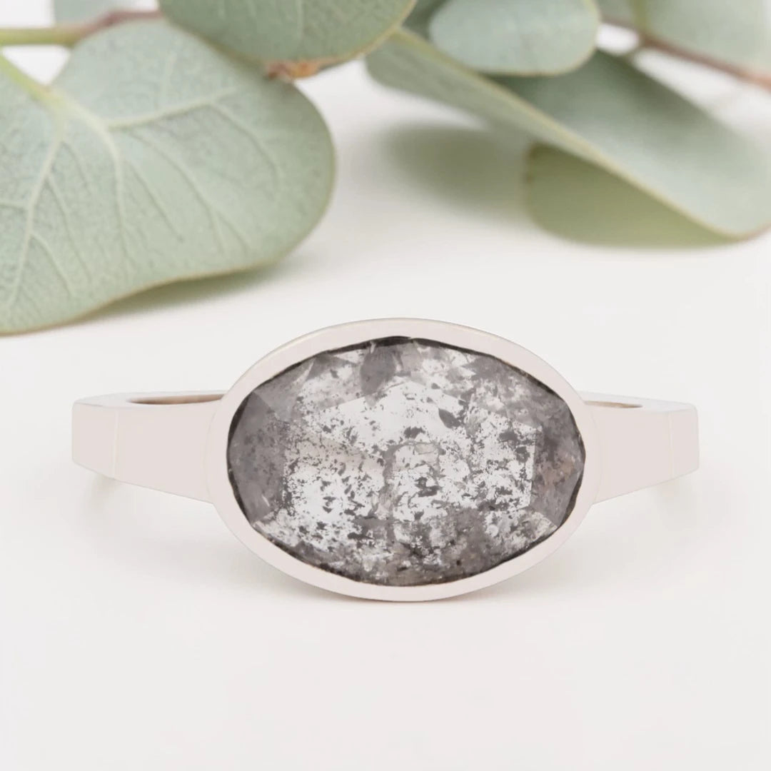 Oval Salt & Pepper Diamond Ring – Bezel Set Handmade Statement Ring
