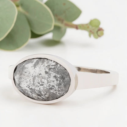 Oval Salt & Pepper Diamond Ring – Bezel Set Handmade Statement Ring