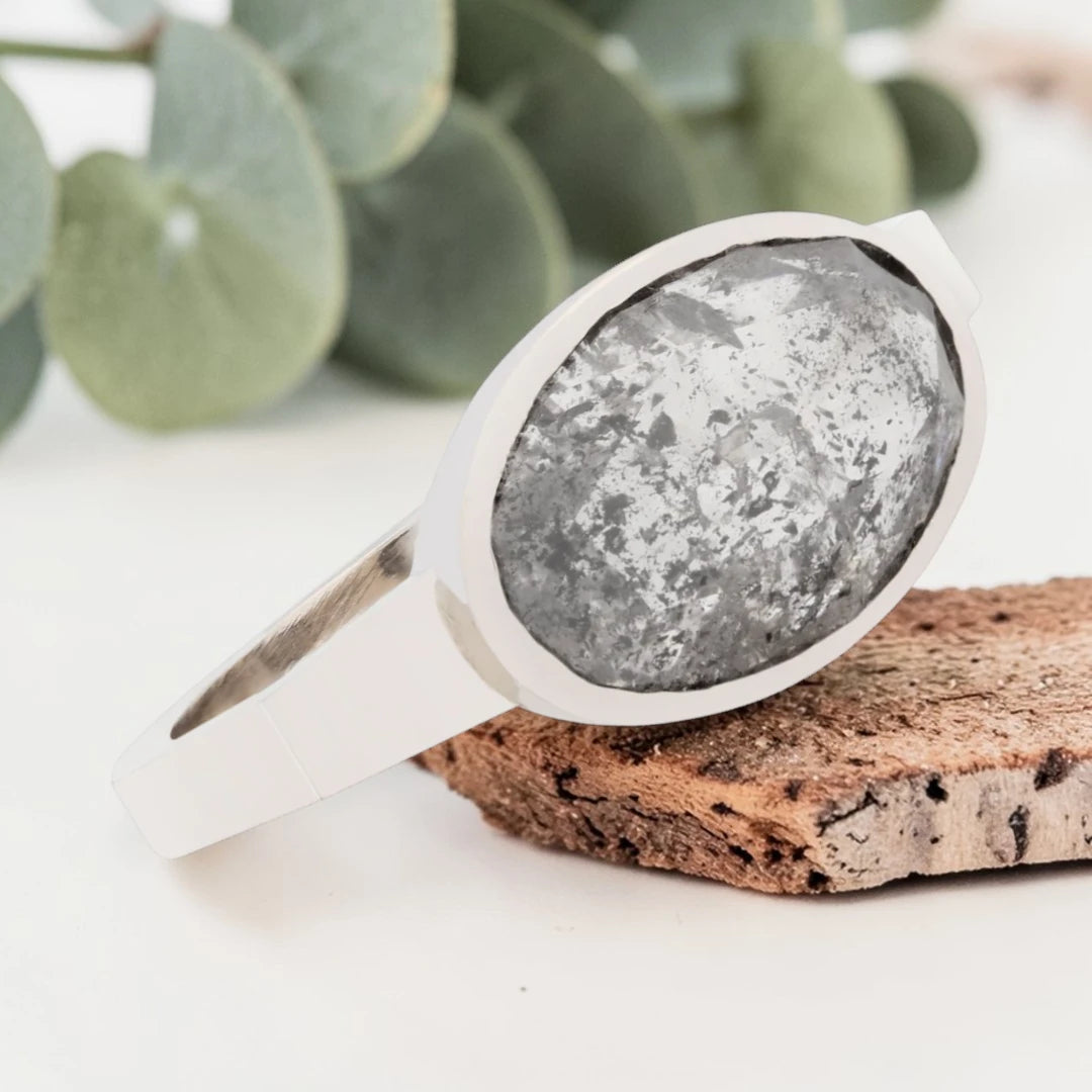 Oval Salt & Pepper Diamond Ring – Bezel Set Handmade Statement Ring