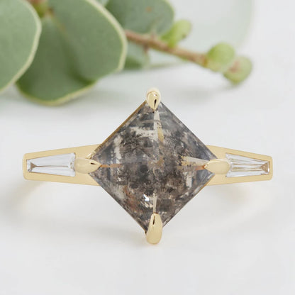 Speckled Gray Emerald Cut Diamond Ring – Bezel Set Statement Ring