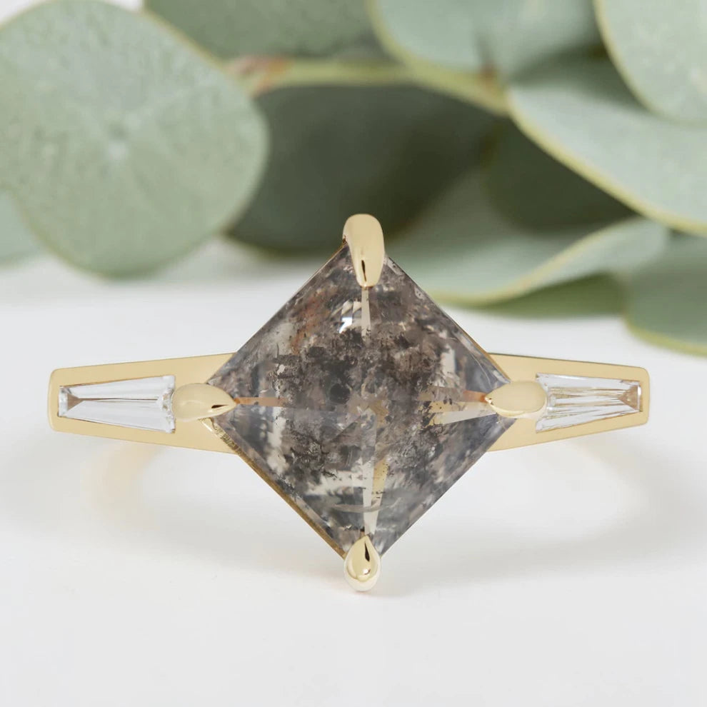 Speckled Gray Emerald Cut Diamond Ring – Bezel Set Statement Ring