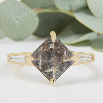 Speckled Gray Emerald Cut Diamond Ring – Bezel Set Statement Ring