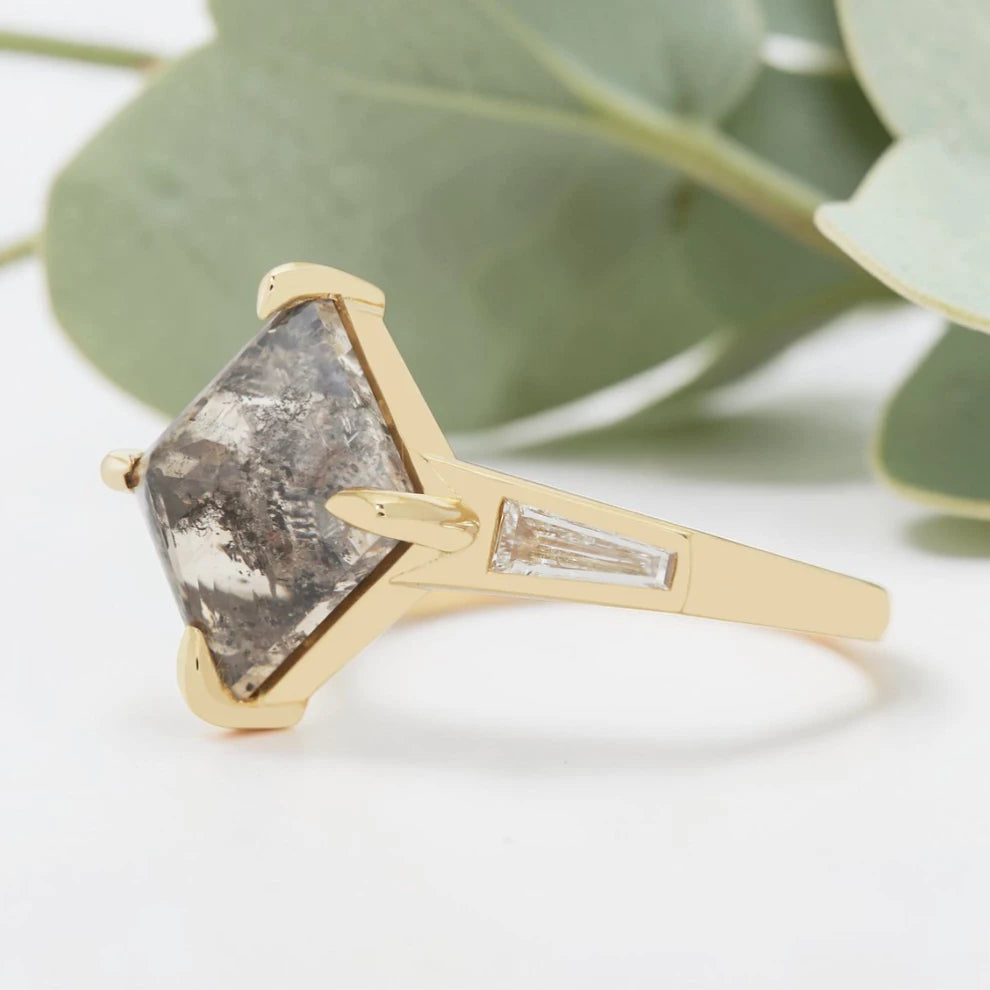 Speckled Gray Emerald Cut Diamond Ring – Bezel Set Statement Ring