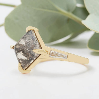 Speckled Gray Emerald Cut Diamond Ring – Bezel Set Statement Ring