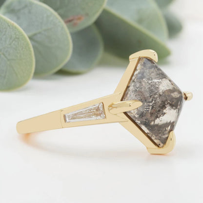 Speckled Gray Emerald Cut Diamond Ring – Bezel Set Statement Ring