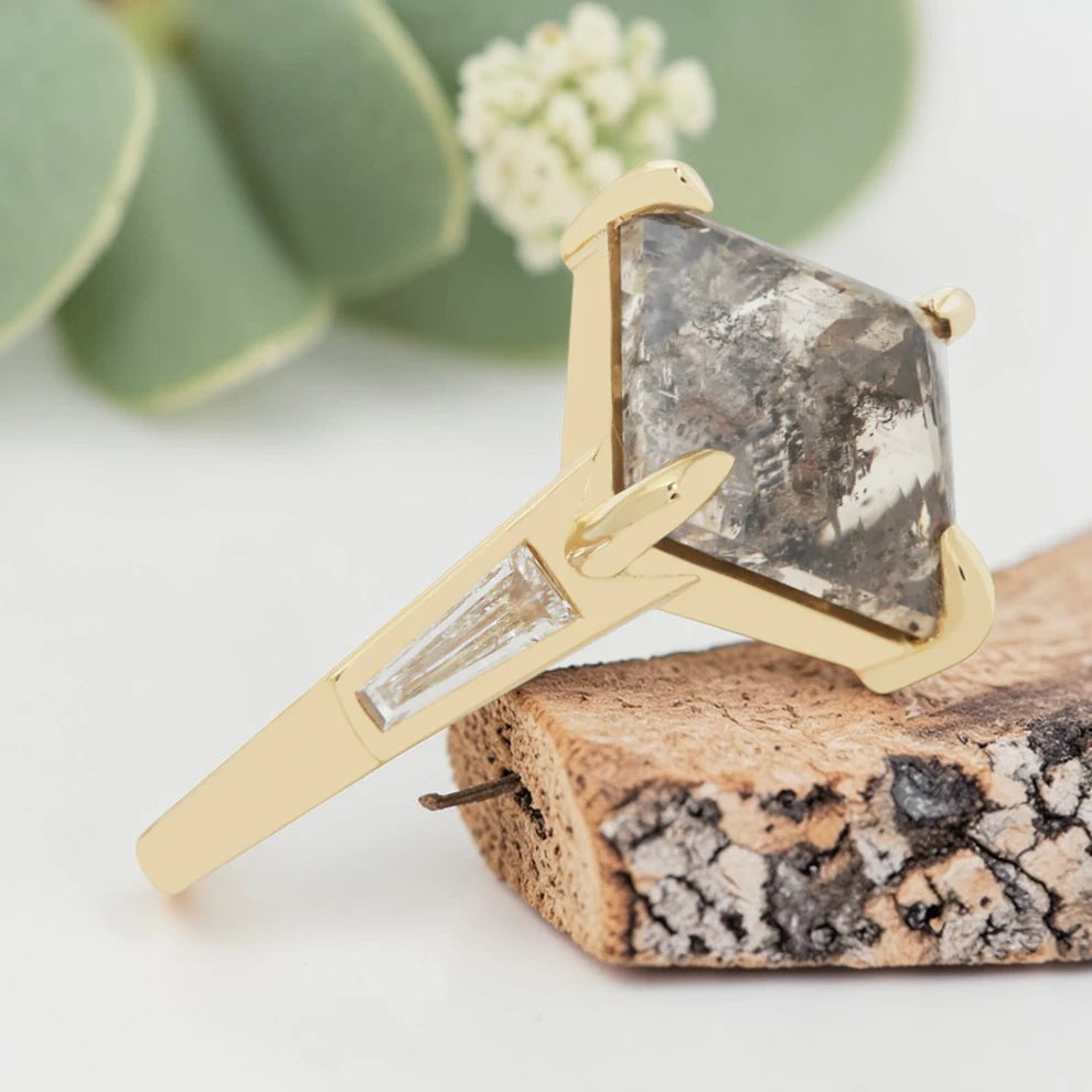 Speckled Gray Emerald Cut Diamond Ring – Bezel Set Statement Ring