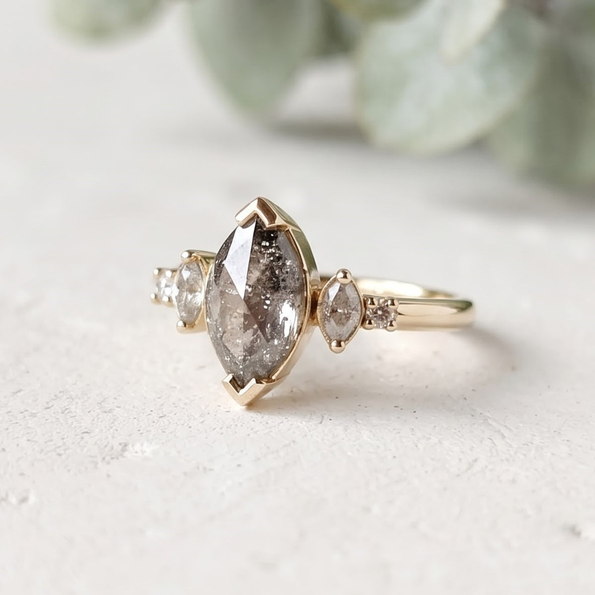 Marquise Salt and Pepper Diamond Bezel Ring Unique Handmade Ring