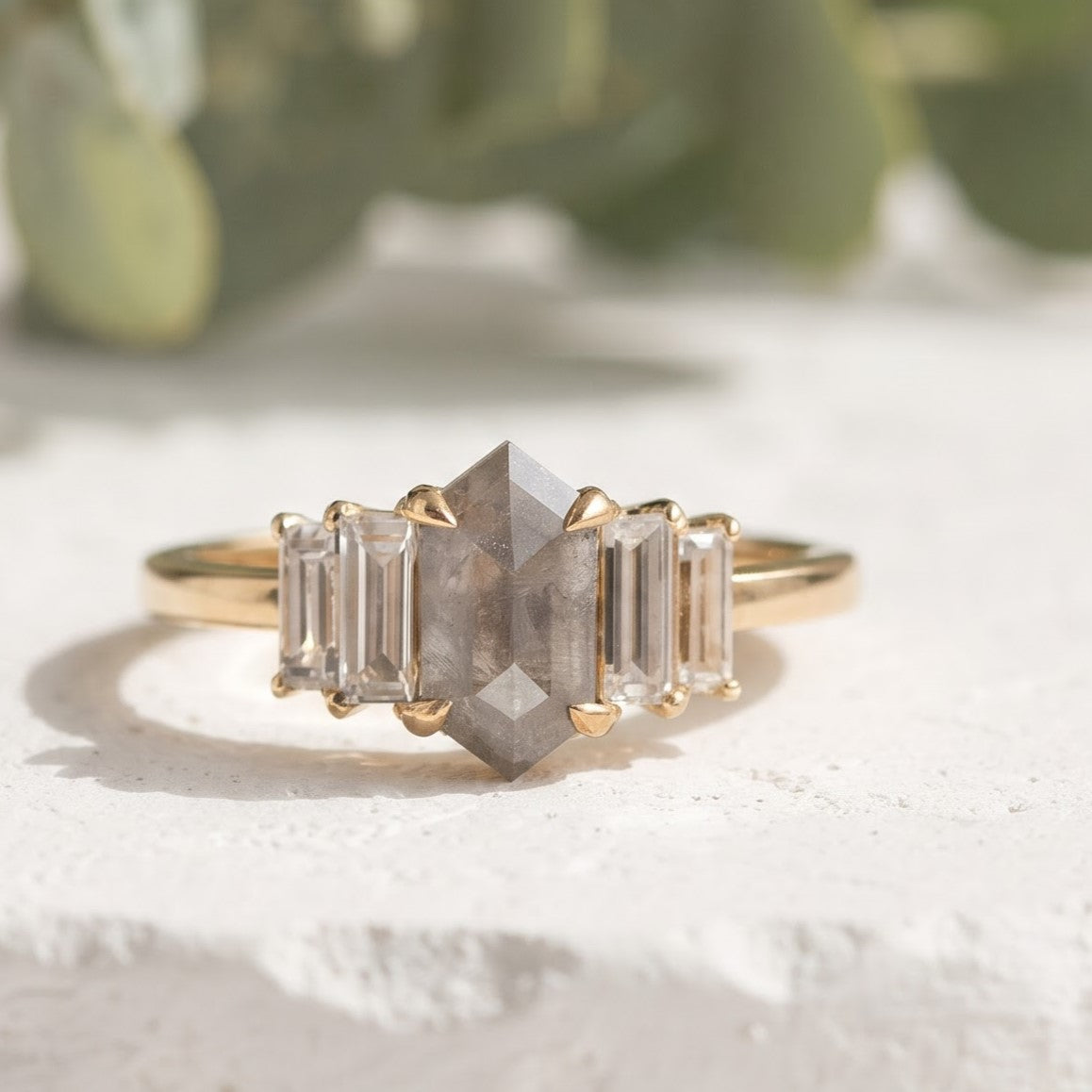 1.35 CT Hexagon Salt and Pepper Diamond Ring with Baguette Accents