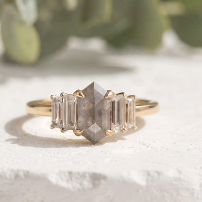 1.35 CT Hexagon Salt and Pepper Diamond Ring with Baguette Accents
