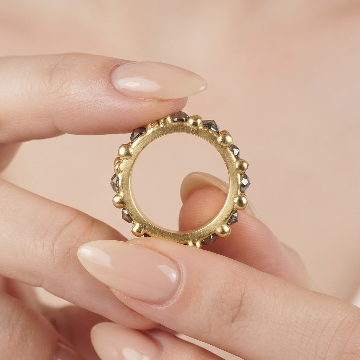 Natural Salt and Pepper Diamond Beaded Gold Band