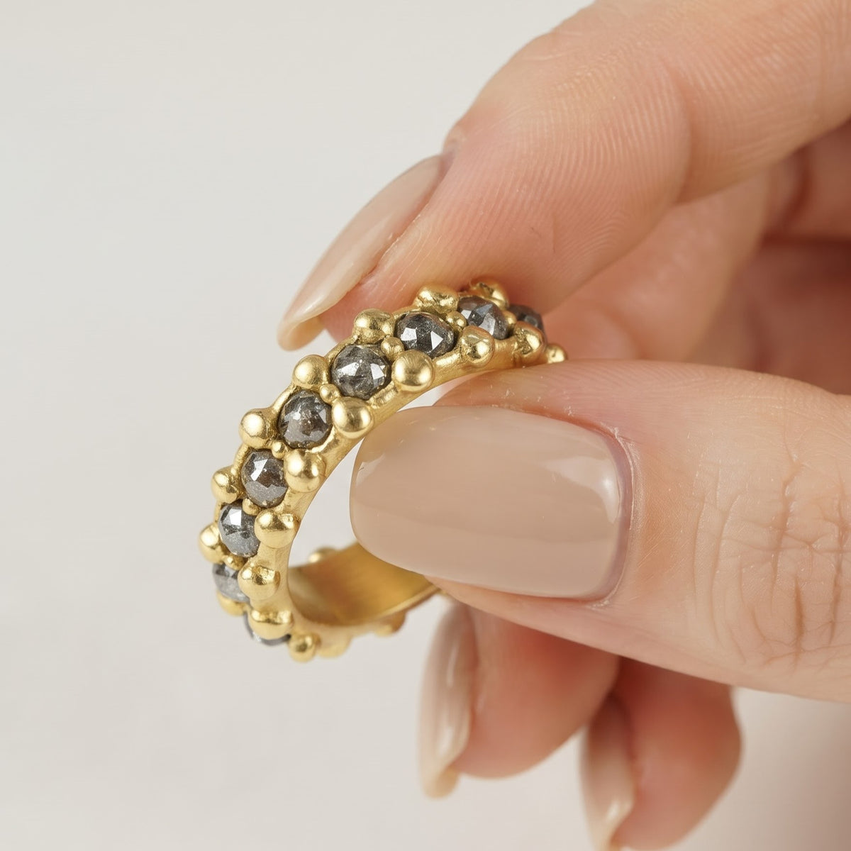 Natural Salt and Pepper Diamond Beaded Gold Band