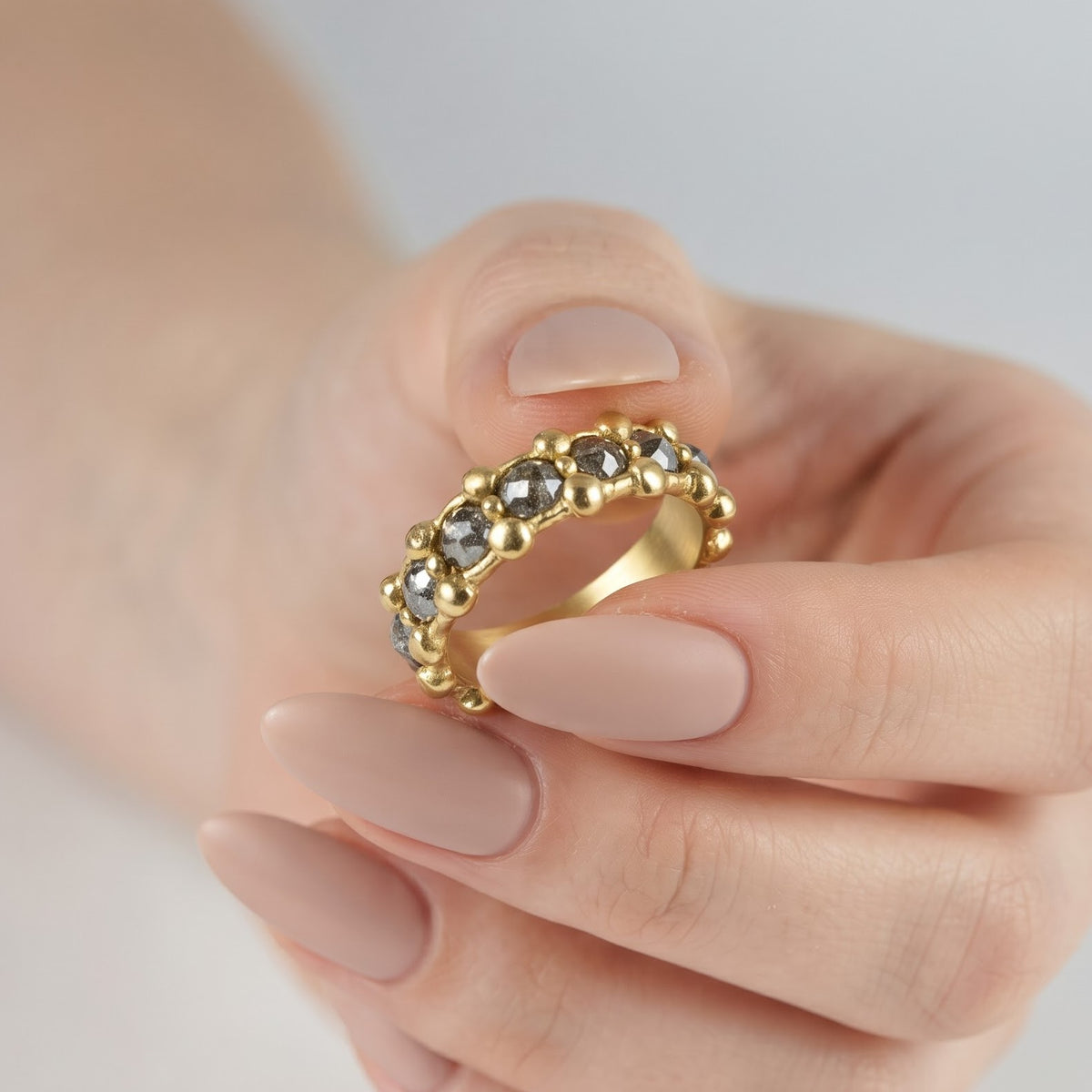 Natural Salt and Pepper Diamond Beaded Gold Band
