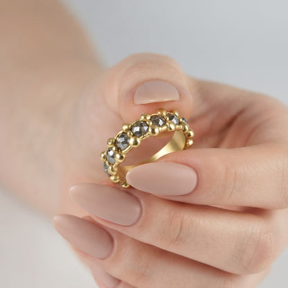 Natural Salt and Pepper Diamond Beaded Gold Band
