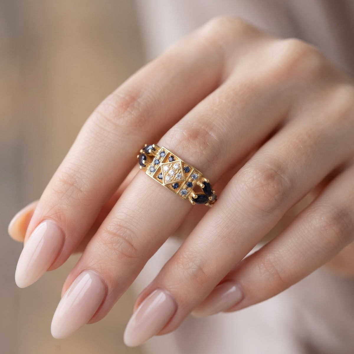 Blue Sapphire Art Deco Ring With Marquise Sapphires and Diamond Accents