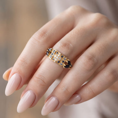Blue Sapphire Art Deco Ring With Marquise Sapphires and Diamond Accents