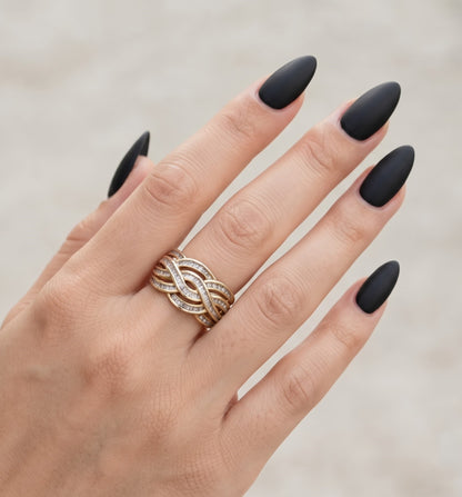 Salt and Pepper Round Baguette Crossover Cocktail Ring