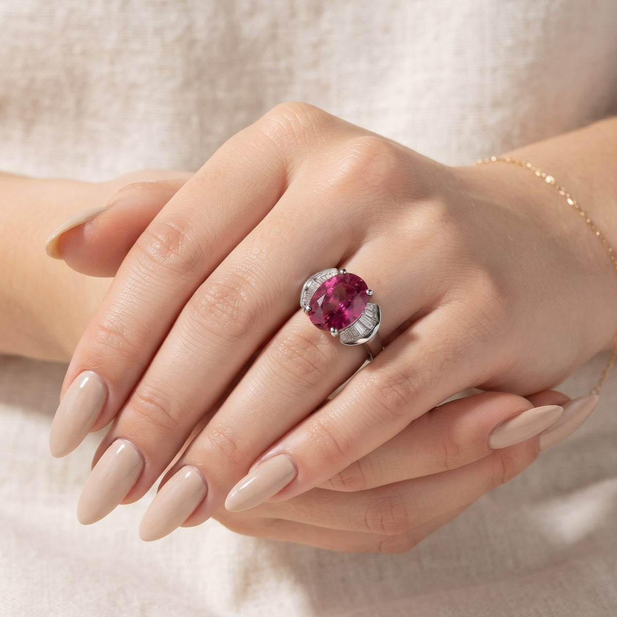 Pink Tourmaline Ring with Baguette Diamond Accents