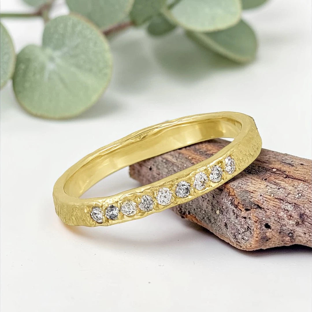 Rustic Gold Salt & Pepper Diamond Ring – Handmade Bridal Band