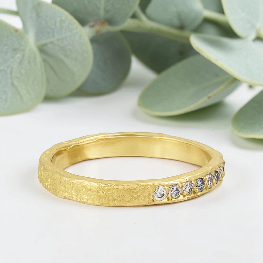 Rustic Gold Salt & Pepper Diamond Ring – Handmade Bridal Band