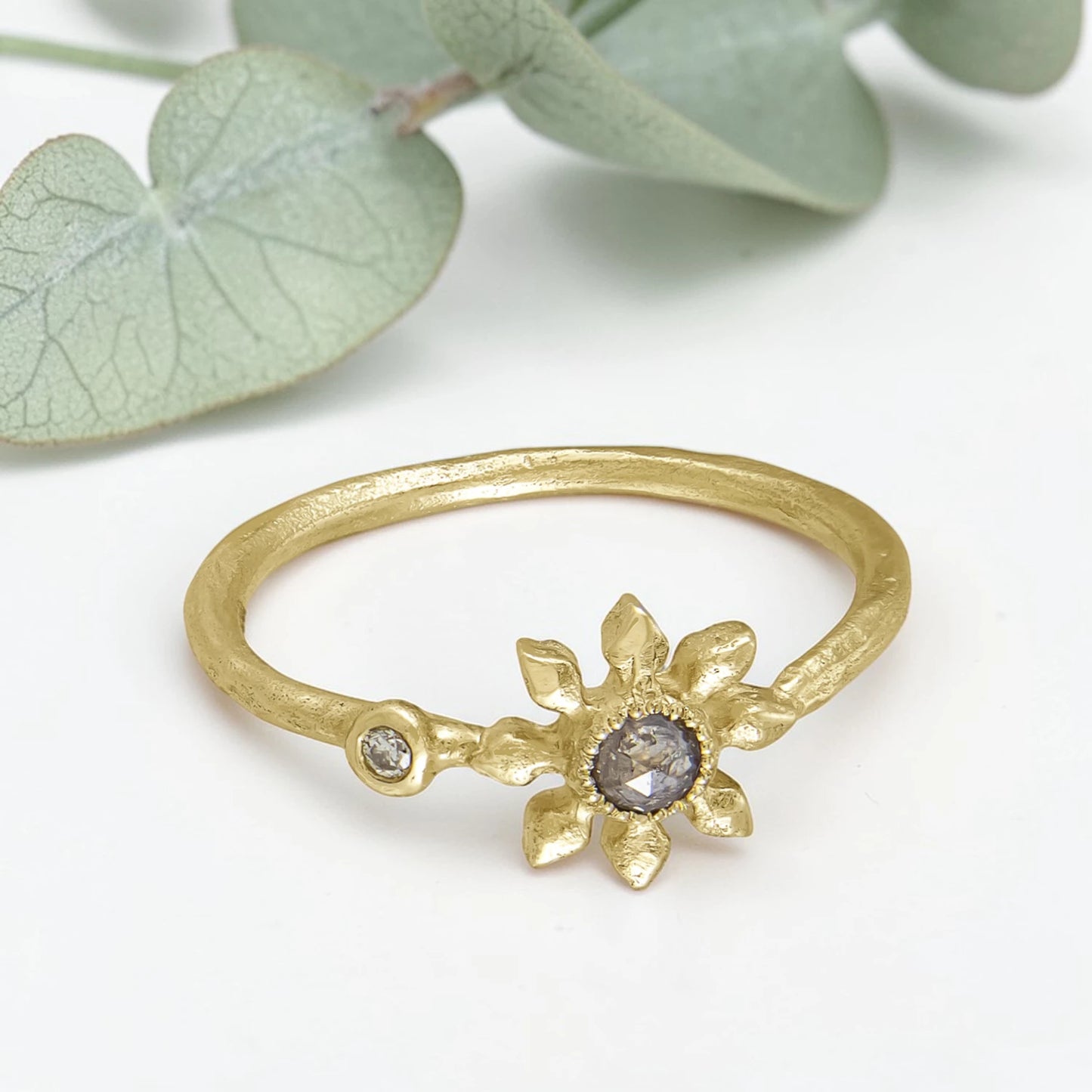 Diamond Flower Ring with Grey Rose Cut Diamond in Recycled Gold