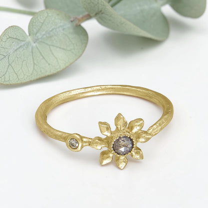 Diamond Flower Ring with Grey Rose Cut Diamond in Recycled Gold