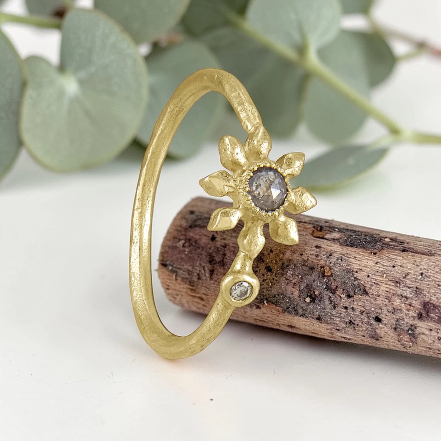 Diamond Flower Ring with Grey Rose Cut Diamond in Recycled Gold