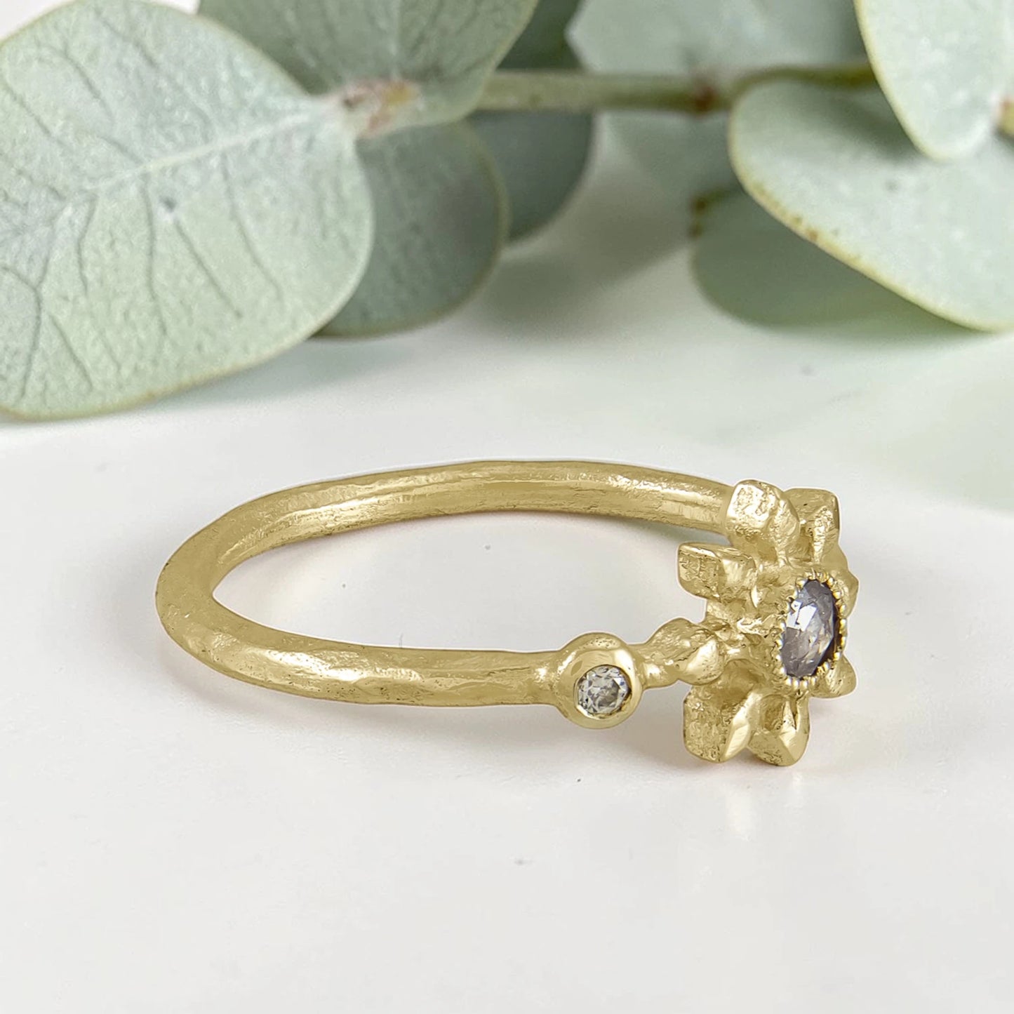 Diamond Flower Ring with Grey Rose Cut Diamond in Recycled Gold