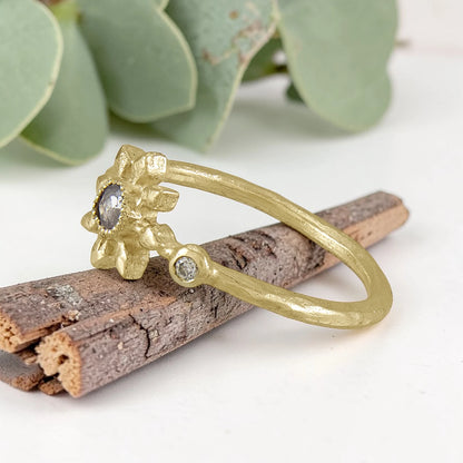 Diamond Flower Ring with Grey Rose Cut Diamond in Recycled Gold