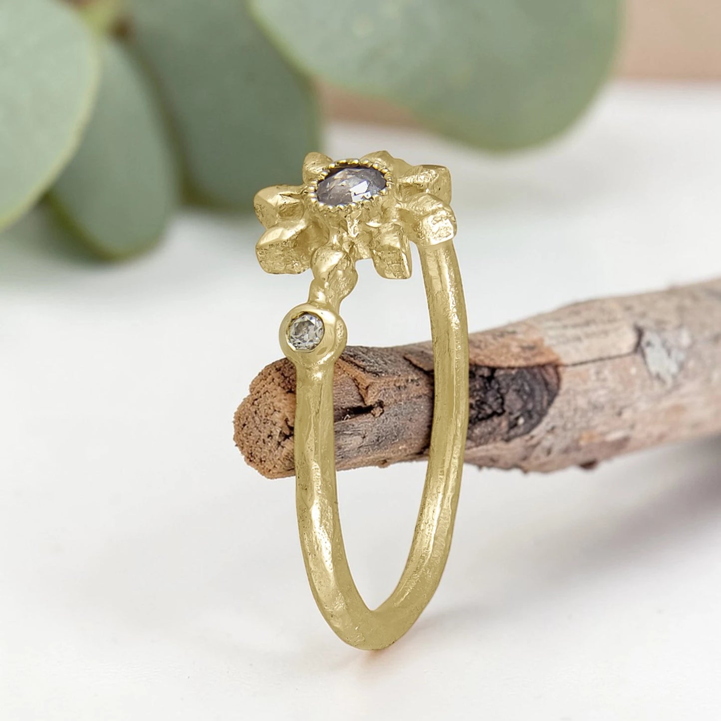 Diamond Flower Ring with Grey Rose Cut Diamond in Recycled Gold