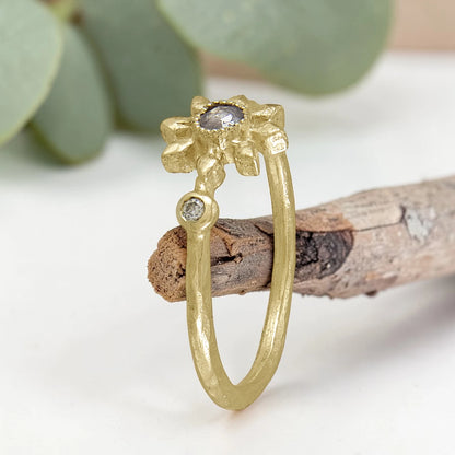 Diamond Flower Ring with Grey Rose Cut Diamond in Recycled Gold