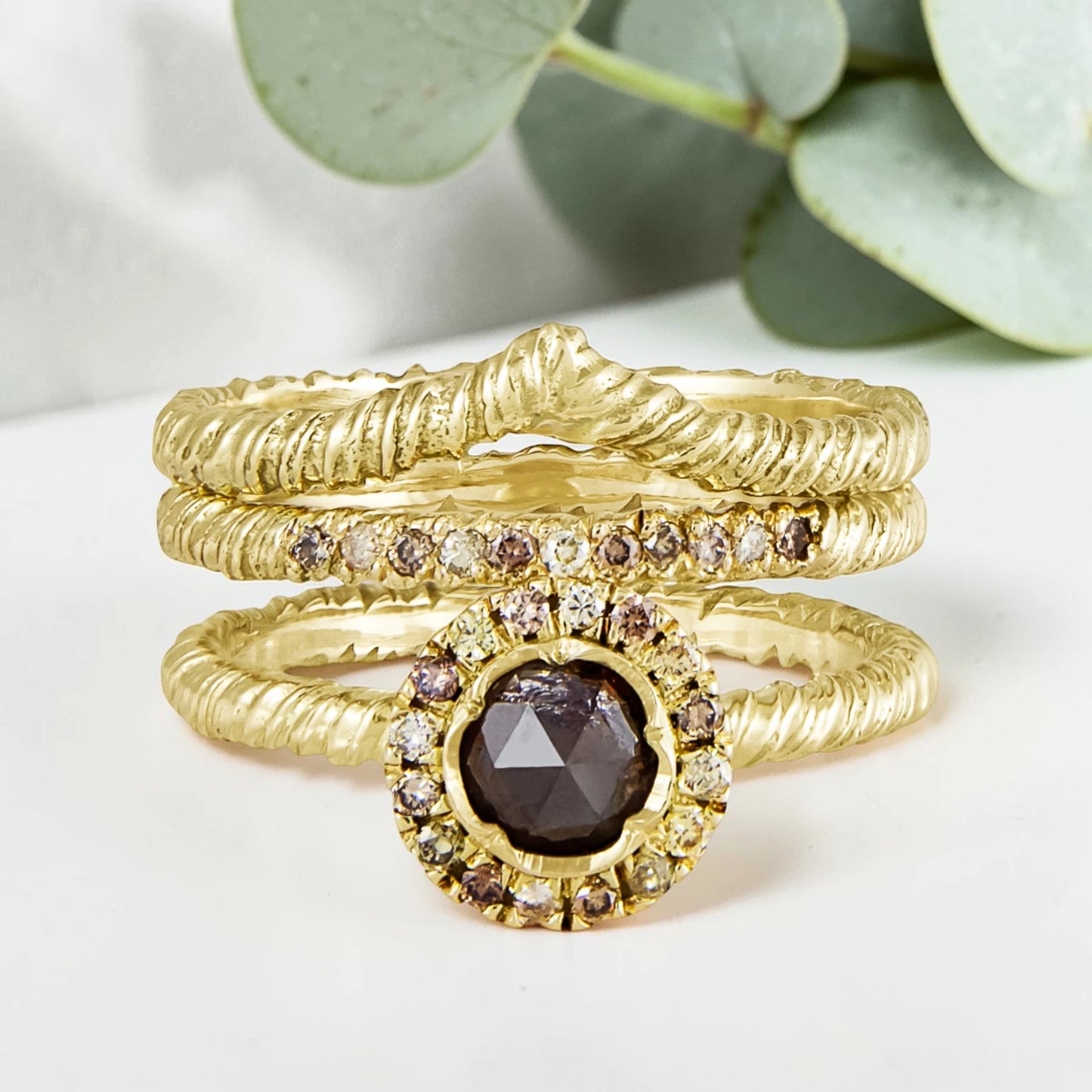 Salt and Pepper Diamond Engagement Ring with Rustic Textured Band