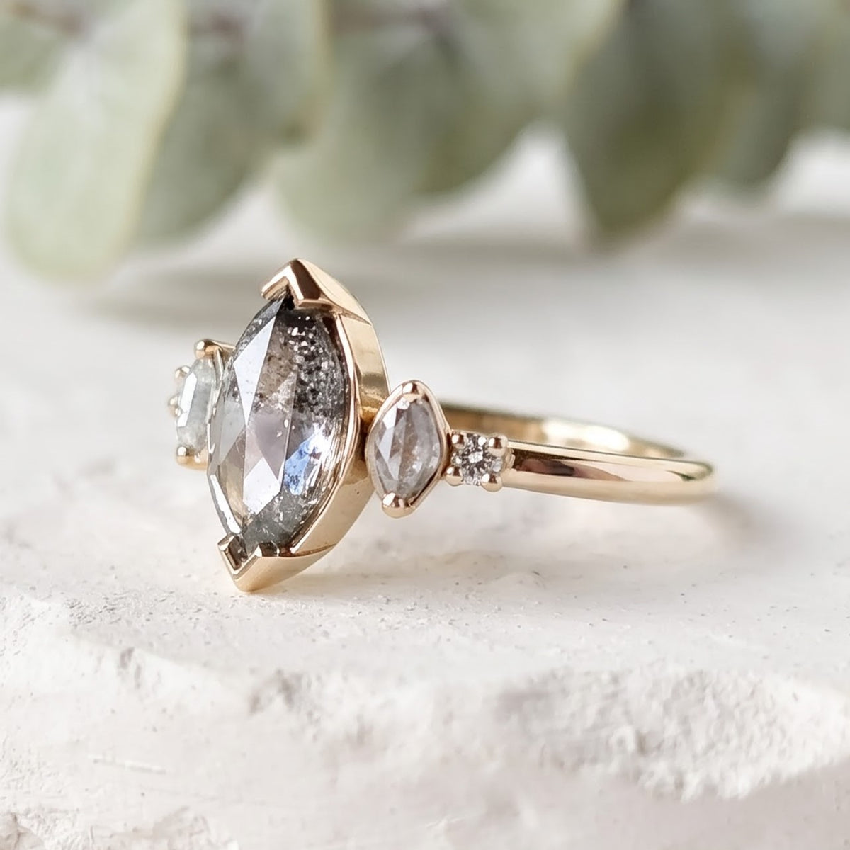 Marquise Salt and Pepper Diamond Bezel Ring Unique Handmade Ring
