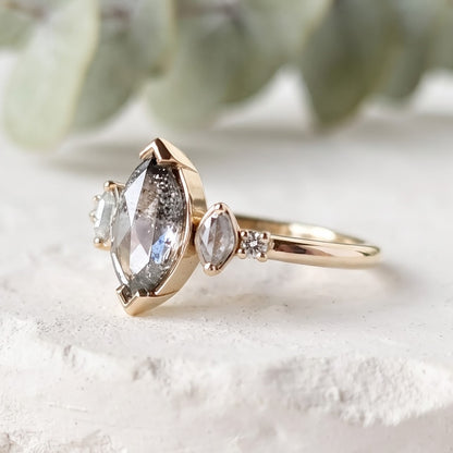 Marquise Salt and Pepper Diamond Bezel Ring Unique Handmade Ring