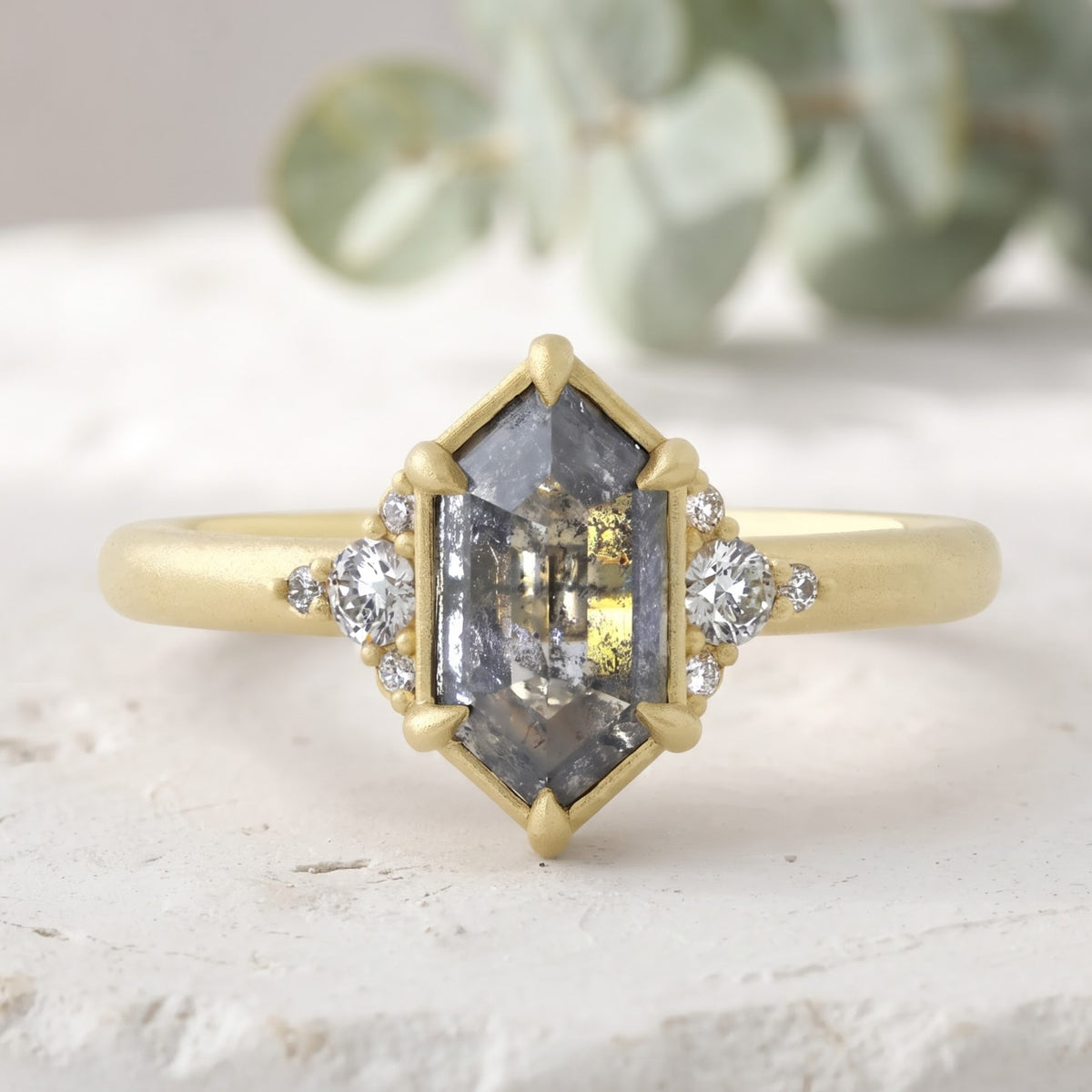 Hexagon Salt and Pepper Gold Handmade Diamond Ring