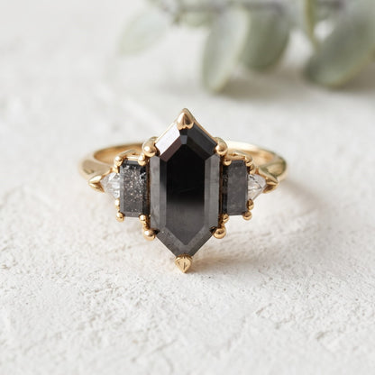 3.15 CT Hexagon Salt and Pepper Diamond Ring