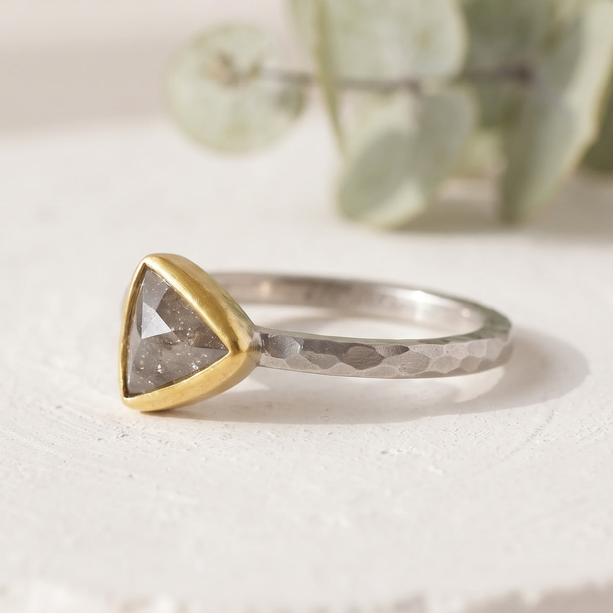 0.80 CT Triangular Salt and Pepper Diamond Handmade Ring